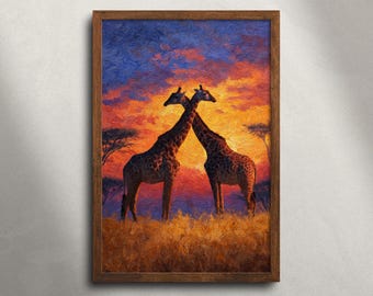 Giraffepaar Masai Mara safari olieverfschilderij afdrukbare muurkunst, Afrikaanse dieren in het wild dierenprint, decor savanne zonsondergang landschap
