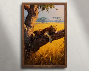 Luipaard Masai Mara safari olieverfschilderij afdrukbare muurkunst, Afrikaanse dieren in het wild dierenprint, savanne landschap decor, digitale download