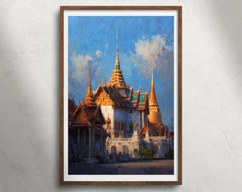 Bangkok Thailand Grand Palace tempel olieverfschilderij afdrukbare muurkunst, Wat Phra Kaew architectuur print, landmark decor, reisposter