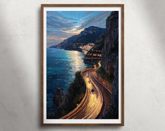 Amalfikust Italië avond kustweg olieverfschilderij afdrukbare muurkunst, klif zeegezicht print, mediterraan decor, Europa reizen poster
