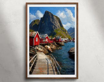 Lofoten eilanden Noorwegen olieverfschilderij afdrukbare muurkunst, Reine vissersdorp kust print, Scandinavische fjord decor, Europa reizen poster