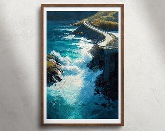 Atlantic Ocean Road Noorwegen olieverfschilderij afdrukbare muurkunst, kust snelweg zeegezicht print, oceaan golven landschap decor, reizen poster