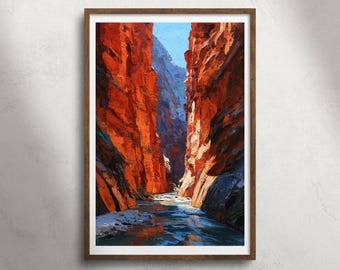 The Narrows Zion National Park Utah-olieverfschilderij afdrukbare muurkunst, Red Rock Canyon rivierlandschap print, natuur decor, USA reizen poster