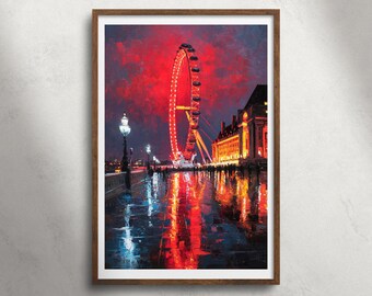London Eye Westminster Night olieverfschilderij afdrukbare muurkunst, stedelijke neon stadslichten print, modern landmark decor, Britse reisposter