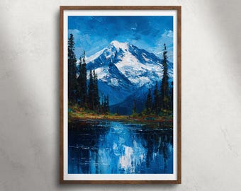 Mount Rainier National Park Washington olieverfschilderij afdrukbare muurkunst, Snow Mountain Alpine Lake print, landschapsdecor, VS reizen poster