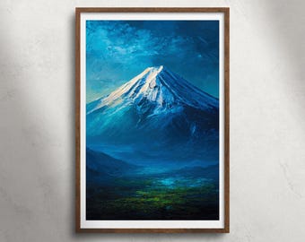 Mount Fuji Japan olieverfschilderij afdrukbare kunst aan de muur, mistige berglandschap print, schilderachtige natuur decor, Japanse reisposter