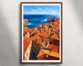Dubrovnik, Kroatië, kuststad, olieverfschilderij, afdrukbare muurkunst, oude stad, zeezicht, print, mediterraan decor, Europa reizen poster