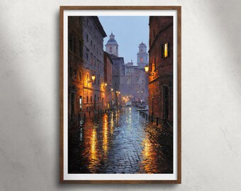 Rome Italië regenachtige straat olieverfschilderij afdrukbare muurkunst, avond stadsgezicht print, oude stad architectuur decor, Europa reizen poster