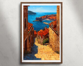 Dubrovnik, Kroatië, kuststad, olieverfschilderij, afdrukbare muurkunst, oude stad, zeezicht, print, mediterraan decor, Europa reizen poster