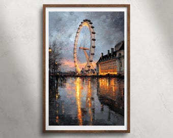 London Eye Westminster Rainy Evening olieverfschilderij afdrukbare muurkunst, stedelijke stadsgezicht print, modern landmark decor, UK Travel poster