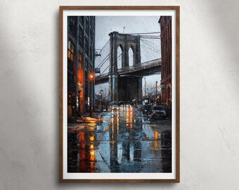 Brooklyn Bridge New York regenachtige avond olieverfschilderij afdrukbare muurkunst, NYC Street Print, humeurig stedelijk stadsgezicht decor, USA reizen poster