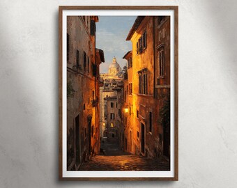 Rome Italië avondstraat olieverfschilderij afdrukbare muurkunst, Sint-Pietersbasiliek stadsgezicht print, historische architectuur decor, reisposter