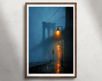 Brooklyn Bridge New York Night olieverfschilderij afdrukbare muurkunst, mistige NYC Street print, humeurig stedelijk stadsgezicht decor, USA poster