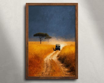 Safari Jeep Masai Mara olieverfschilderij afdrukbare muurkunst, Afrikaanse savanne landschap print, Afrika reizen poster, digitale download