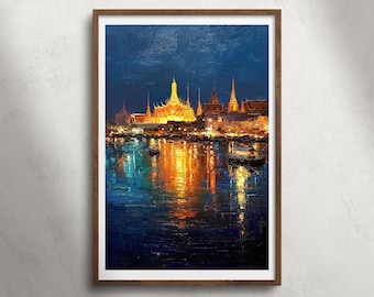Bangkok Grand Palace Thailand nacht olieverfschilderij afdrukbare muurkunst, Wat Phra Kaew tempel stadsgezicht print, landmark decor, reisposter