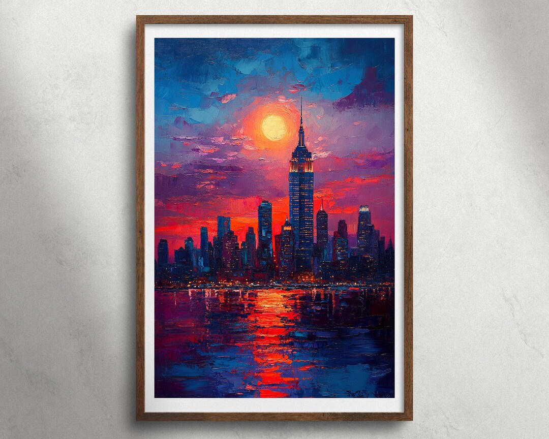 New York City Skyline Sunset Oil Painting Printable Wall Art, NYC Wall ...
