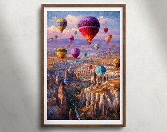 Cappadocië Turkije heteluchtballonnen olieverfschilderij afdrukbare muurkunst, kleurrijke ballon landschapsdruk, reisdecor, huwelijksreiscadeau