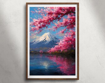 Mount Fuji Japan kersenbloesem olieverfschilderij afdrukbare muurkunst, Sakura berglandschap print, lente meer decor, reisposter