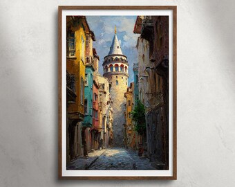 Galatatoren Istanbul Turkije olieverfschilderij afdrukbare muurkunst, oude stad straat print, historisch monument decor, Europa reizen poster