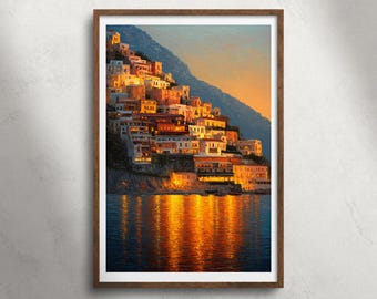 Positano Italië Amalfikust zonsondergang olieverfschilderij afdrukbare muurkunst, Cliffside dorpshuizen print, mediterraan decor, reisposter