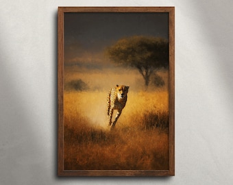Running Cheetah Masai Mara Safari-olieverfschilderij afdrukbare muurkunst, African Wildlife Animal Print, savanne landschap decor, digitale download