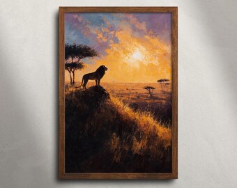 Lion Masai Mara safari olieverfschilderij afdrukbare muurkunst, Afrikaanse dieren in het wild dierenprint, savanne zonsondergang landschap decor, Afrika reizen poster