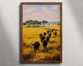 Gnoe kudde migratie Masai Mara safari olieverfschilderij afdrukbare muur kunst, African Wildlife Animal Print, savanne landschap decor