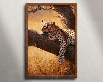 Luipaardboom Masai Mara Safari-olieverfschilderij afdrukbare muurkunst, Afrikaanse savanne Wildlife Animal Print, digitale download