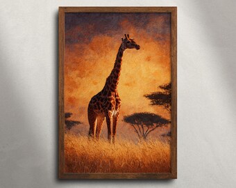 Giraffe Masai Mara safari olieverfschilderij afdrukbare muurkunst, African Wildlife Animal Print, savanne zonsondergang landschap decor, digitale download