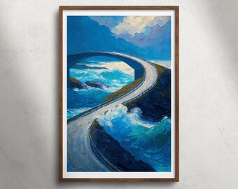 Atlantic Ocean Road Noorwegen olieverfschilderij afdrukbare muurkunst, kust snelweg zeegezicht print, decor van het schilderachtige oceaanlandschap, reisposter