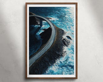 Atlantic Ocean Road Noorwegen olieverfschilderij afdrukbare muurkunst, kust snelweg zeegezicht print, oceaanlandschap decor, reisposter