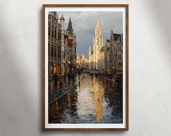 Brussel België regenachtige straat olieverfschilderij afdrukbare muurkunst, Grand Place architectuur print, decor oude stad stadsgezicht, reisposter