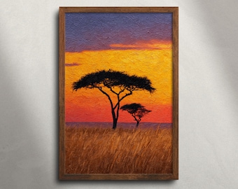 Acaciaboom Masai Mara Kenia safari olieverfschilderij afdrukbare muurkunst, Afrikaanse savanne zonsondergang landschap print, minimalistisch natuur decor