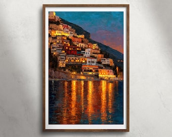 Positano, Italië, Amalfikust, zonsondergang, olieverfschilderij, afdrukbare muurkunst, kustdorp, klifwoningen, afdrukken, decor van stadslichten, reisposter