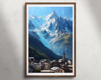 Chamonix Mont-Blanc-Frankrijk olieverfschilderij afdrukbare muurkunst, schilderachtig alpendorp print, decor sneeuw berglandschap, Europa reizen poster