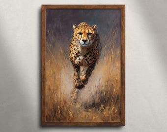 Running Cheetah Masai Mara Safari-olieverfschilderij afdrukbare muurkunst, Afrikaanse savanne Wildlife Animal Print, digitale download