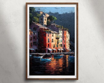 Portofino Italië havenboten olieverfschilderij afdrukbare muurkunst, kustdorp jachthaven print, decor Italiaanse Rivièra, Europa reizen poster