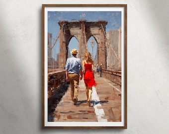 Romantisch stel Brooklyn Bridge New York olieverfschilderij afdrukbare muurkunst, NYC stadsgezicht print, USA reisposter, decor verjaardagscadeau