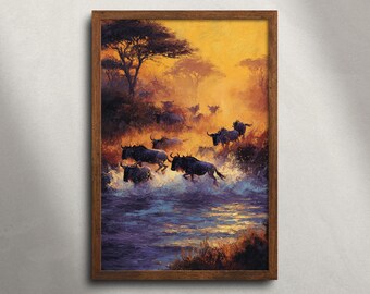 Gnoe migratie Masai Mara safari olieverfschilderij afdrukbare muur kunst, Savanna River Crossing print, Afrikaanse dieren in het wild dieren decor