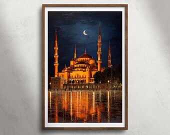 Blauwe moskee Istanbul Turkije nacht olieverfschilderij afdrukbare muurkunst, islamitische architectuur print, decor historisch monument, reisposter
