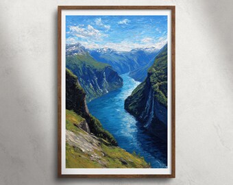 Geirangerfjord-Noorwegen olieverfschilderij afdrukbare muurkunst, Noorse fjord berglandschap print, waterval landschap decor, reisposter