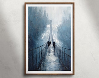 Waterval bos hangbrug olieverfschilderij afdrukbare muurkunst, mistig boslandschap print, humeurig natuur decor, wandelen muur kunst