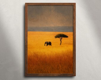 Olifant Masai Mara safari olieverfschilderij afdrukbare muurkunst, minimalistische savanne landschapsprint, decor Afrikaanse dieren in het wild