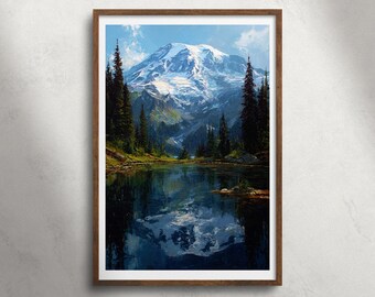 Mount Rainier National Park Washington olieverfschilderij afdrukbare muurkunst, Snow Mountain Alpine Lake print, landschapsdecor, VS reizen poster