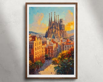 Sagrada Familia Barcelona zonsondergang olieverfschilderij afdrukbare muurkunst, Spanje stadsgezicht print, Europese architectuur kunstwerk, reisposter