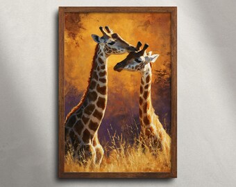 Giraffepaar Masai Mara safari olieverfschilderij afdrukbare muurkunst, Afrikaanse dieren in het wild dierenprint, decor savanne landschap, digitale download