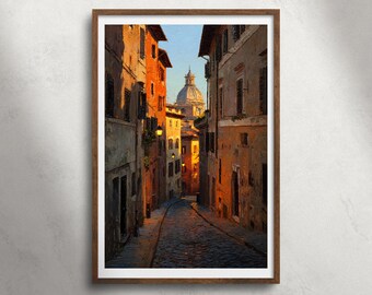 Rome Italië avondstraat olieverfschilderij afdrukbare muurkunst, Sint-Pietersbasiliek stadsgezicht print, historische architectuur decor, reisposter