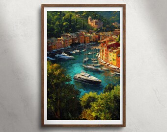 Portofino, Italië haven olieverfschilderij afdrukbare muur kunst, kustplaatsje jachthaven print, Italiaanse Rivièra landschap decor, Europa reizen poster