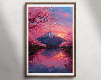 Mount Fuji Japan kersenbloesem zonsondergang olieverfschilderij afdrukbare muurkunst, Sakura berglandschap print, lente meer decor, reizen poster