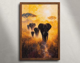 Olifantenkudde Masai Mara safari olieverfschilderij afdrukbare muurkunst, Afrikaanse dieren in het wild dierenprint, savanne zonsondergang landschap decor